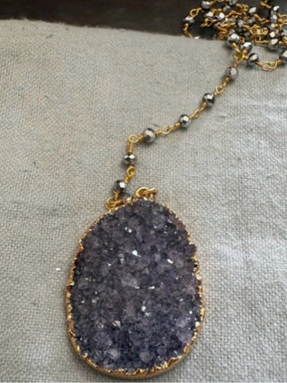 Purple Druzy Pendant Necklace with Gold Trim
